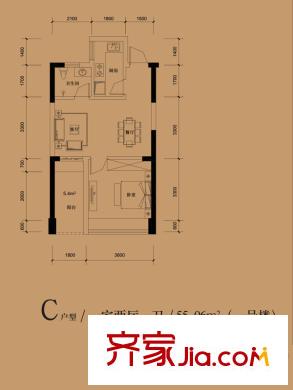 東湖御院1、2號樓C戶型 1室2廳1衛(wèi)1廚