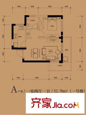 東湖御院1、2號(hào)樓A戶型（售完） 1室2廳1衛(wèi)1廚