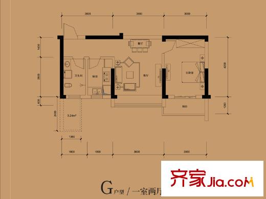 東湖御院1、2、3號樓G戶型 1室2廳1衛(wèi)1廚