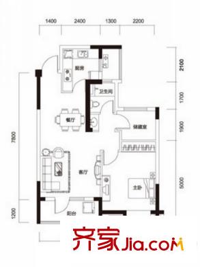 聯(lián)投半島1、2號樓B2‘戶型（售完） 1室2廳1衛(wèi)1廚