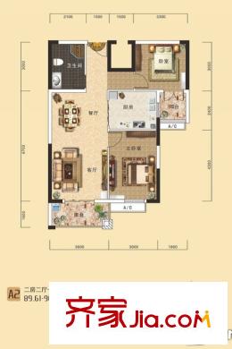 南國(guó)明珠四期東岸1號(hào)樓建筑面積89平方米A2戶(hù)型 2室2廳1衛(wèi)1廚