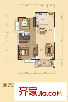 南國(guó)明珠四期東岸1號(hào)樓建筑面積90平方米A1戶(hù)型 2室2廳1衛(wèi)1廚
