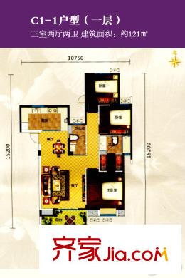 萬科花山紫悅灣1期洋房B1-B3、B13-B15棟C1-1戶型（售完） 3室2廳2衛(wèi)1廚