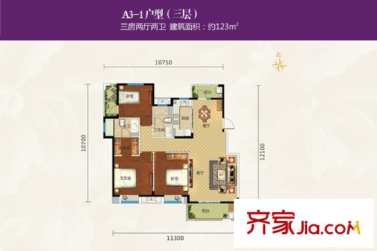 萬科花山紫悅灣1期洋房B1-B3、B13-B15棟A3-1戶型（售完） 3室2廳2衛(wèi)1廚
