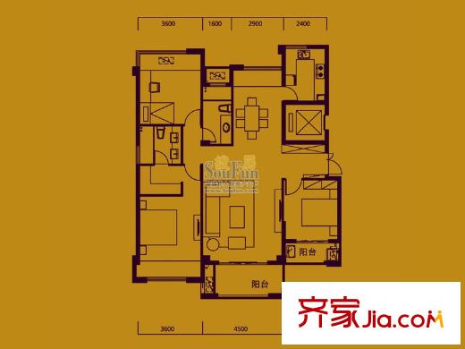 皇庭丹郡戶型圖C戶型 3室2廳2衛(wèi)1廚