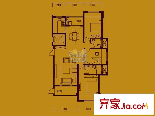 皇庭丹郡戶型圖H戶型 3室2廳2衛(wèi)1廚