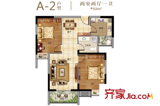 金地天悅B4、B2、B9號樓A-2戶型 2室2廳1衛(wèi)1廚