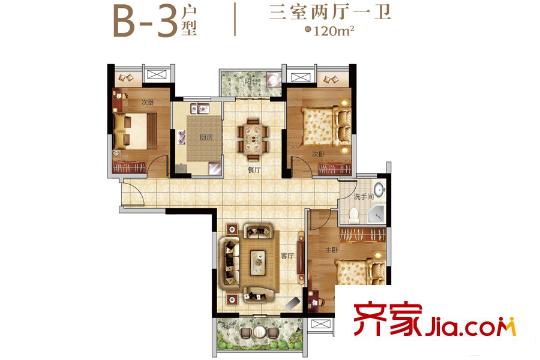 金地天悅B3號樓B-3戶型 3室2廳1衛(wèi)1廚