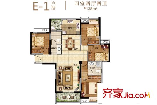 金地天悅B7號樓E-1戶型 4室2廳2衛(wèi)1廚