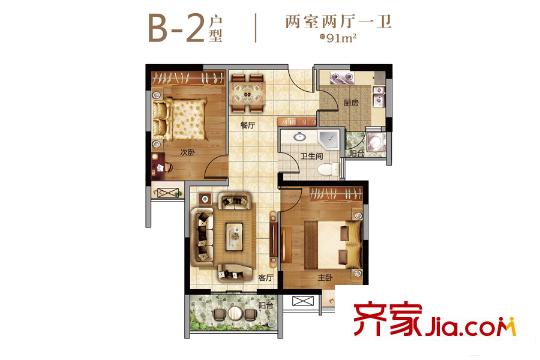 金地天悅B3號(hào)樓B-2戶型 2室2廳1衛(wèi)1廚