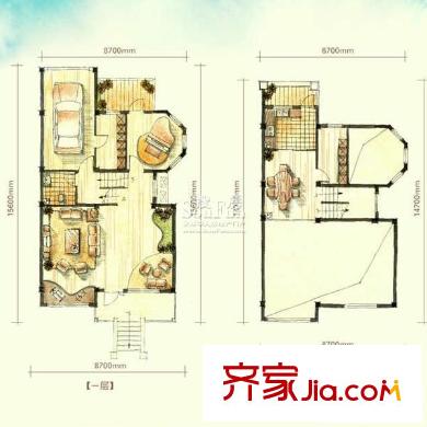 聽濤觀海別墅戶型圖F區(qū)1棟F1一層和夾層戶型 3室