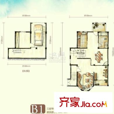 聽濤觀海別墅戶型圖B區(qū)1棟B1一層及車庫戶型 2室