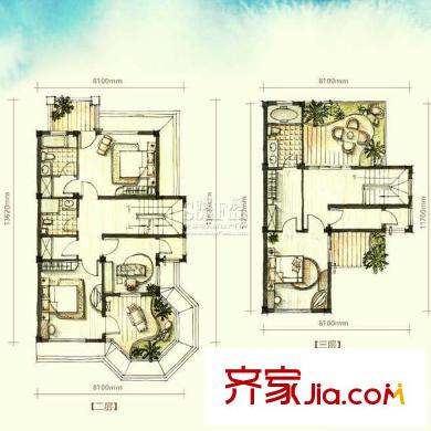 聽濤觀海別墅戶型圖B區(qū)2棟B2戶型二、三層戶型 3室