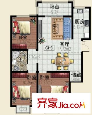 胭脂山桂苑戶型圖3室2廳 3室2廳