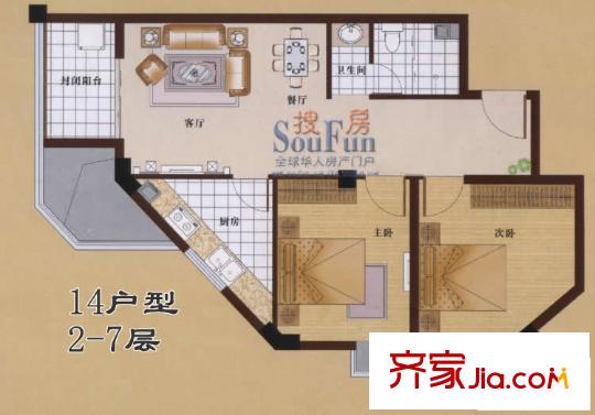 泰禾御西湖戶型圖14戶型2-7層 2室2廳1衛(wèi)1廚