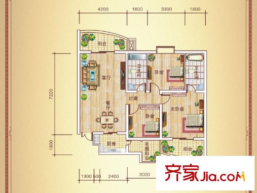 半島華庭D-1戶(hù)型 3室2廳2衛(wèi)1廚