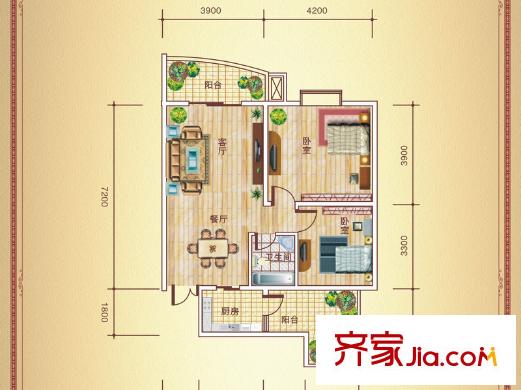 半島華庭F-1戶(hù)型 2室2廳1衛(wèi)1廚