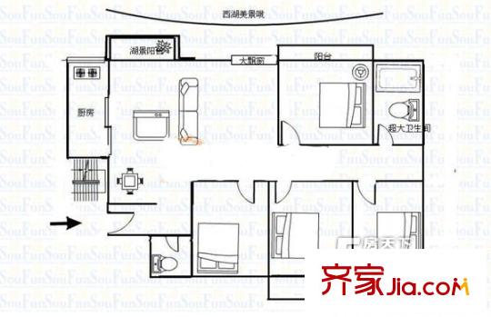 省建設廳建工建材單位宿舍 3室 戶型圖