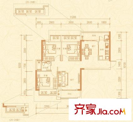 海賦江城戶型圖B戶型 3室2廳1衛(wèi)1廚