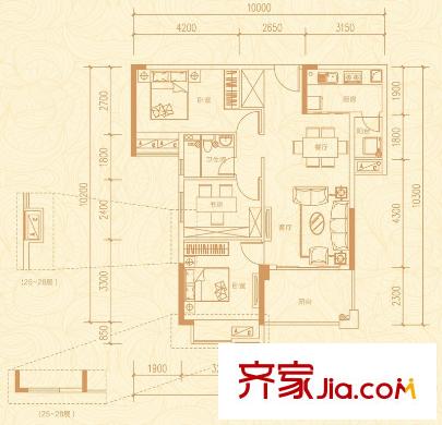 海賦江城戶型圖C戶型 3室2廳1衛(wèi)1廚