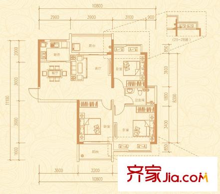 海賦江城戶型圖D戶型 3室2廳1衛(wèi)1廚