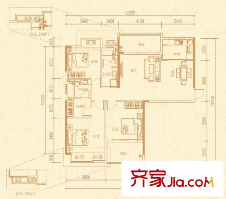 海賦江城戶型圖E戶型 3室2廳2衛(wèi)1廚