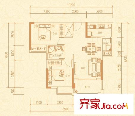 海賦江城戶型圖A戶型 2室1廳1衛(wèi)1廚