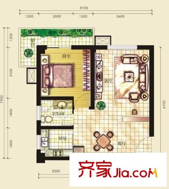 白金公館戶型圖一期D1戶型 1室1廳1衛(wèi)