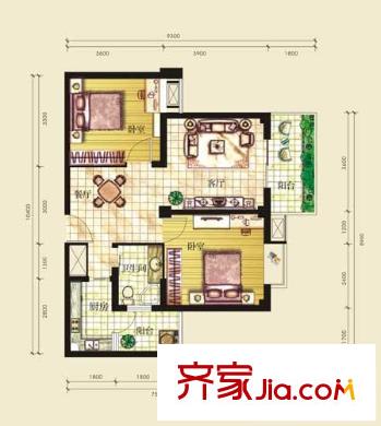 白金公館戶型圖一期A2戶型 2室2廳1衛(wèi)