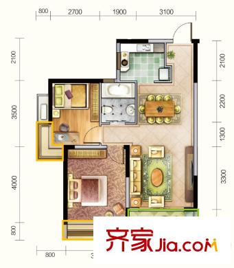 新城春天里戶型圖11號(hào)樓B戶型 2室2廳1衛(wèi)1廚