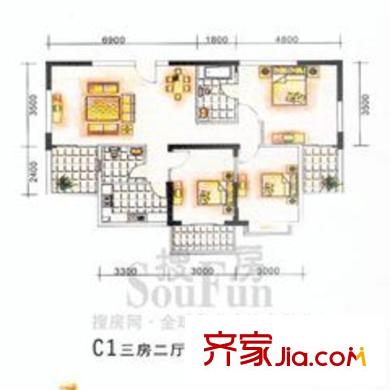 御景名苑戶型圖C1 3室2廳2衛(wèi)1廚