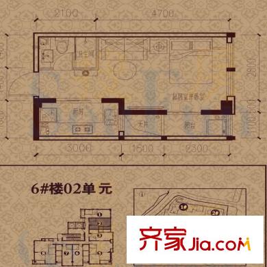 正祥水榭芳庭戶型圖6#樓02單元東向戶型 1室1廳1衛(wèi)