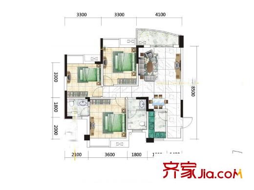 九坤秦南都匯戶型圖C1戶型 3室2廳2衛(wèi)1廚