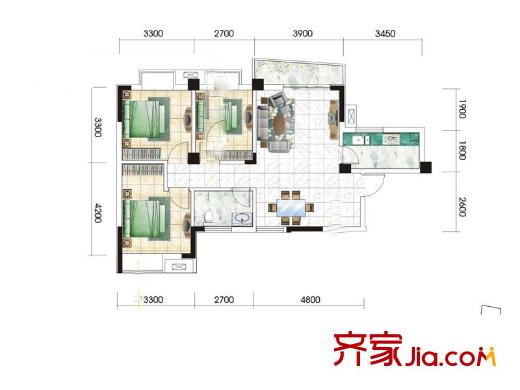 九坤秦南都匯戶型圖B1戶型 3室2廳1衛(wèi)1廚