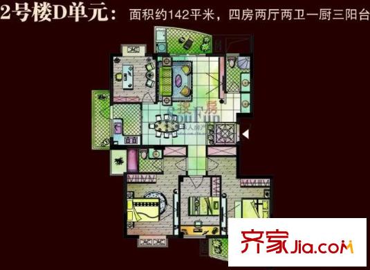 祥泰好第坊戶型圖2#D戶型 4室2廳2衛(wèi)1廚