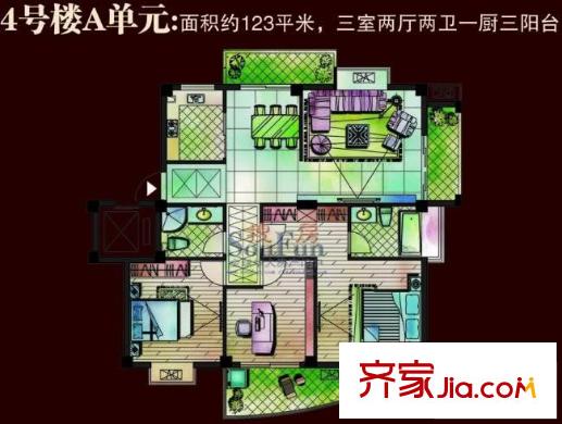 祥泰好第坊戶型圖4#A戶型 3室2廳2衛(wèi)1廚