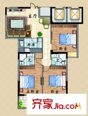 茶園山莊戶型圖2#樓04戶型 3室1廳2衛(wèi)1廚
