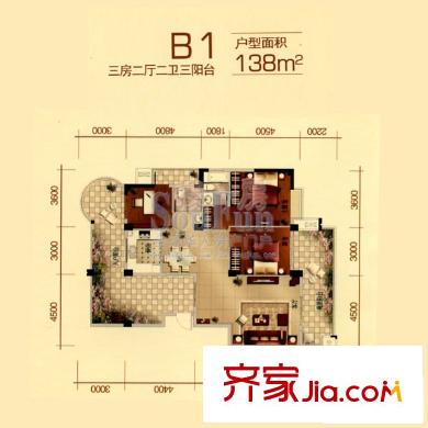 一號(hào)公館戶型圖B1戶型 3室2廳2衛(wèi)1廚