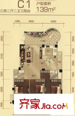 一號(hào)公館戶型圖C1戶型圖 3室2廳2衛(wèi)1廚