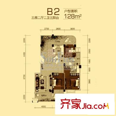 一號(hào)公館戶型圖B2戶型 3室2廳2衛(wèi)1廚