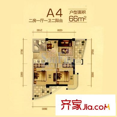 一號(hào)公館戶型圖A4戶型 1室2廳1衛(wèi)1廚