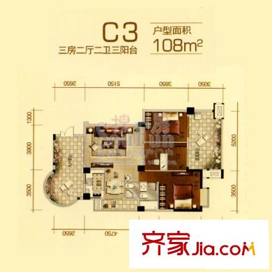 一號(hào)公館戶型圖C3戶型 3室2廳2衛(wèi)1廚