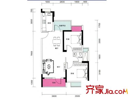 陌陌屋戶型圖1、4、13號(hào)樓H戶型(已售罄)  2室2廳1衛(wèi)1廚