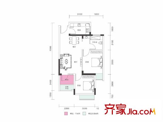 陌陌屋戶型圖1、4、13號(hào)樓D戶型(已售罄) 2室2廳1衛(wèi)1廚