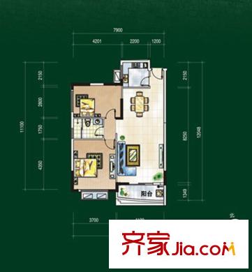 華天明珠花園張公苑戶型圖A-2戶型 2室2廳1衛(wèi)1廚