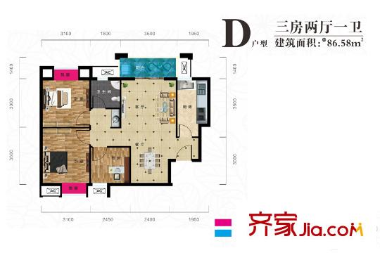 美聯(lián)聯(lián)邦生活區(qū)一期美聯(lián)時(shí)光里k-1-3號樓D戶型 3室2廳1衛(wèi)1廚