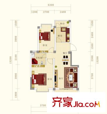 香榭花都戶型圖D戶型 2室2廳1衛(wèi)1廚