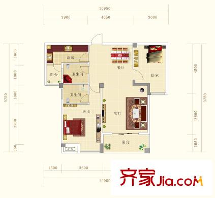 香榭花都戶型圖J戶型 2室2廳1衛(wèi)1廚