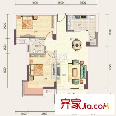 鴻江花畔里戶型圖B2（已售完） 2室2廳1衛(wèi)1廚