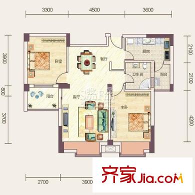 鴻江花畔里戶型圖C2 2室2廳1衛(wèi)1廚